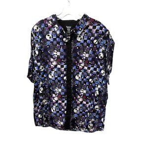Spencers Mens Alien Graphic Button Up Shirt Sz L Black & Purple Short Sleeve